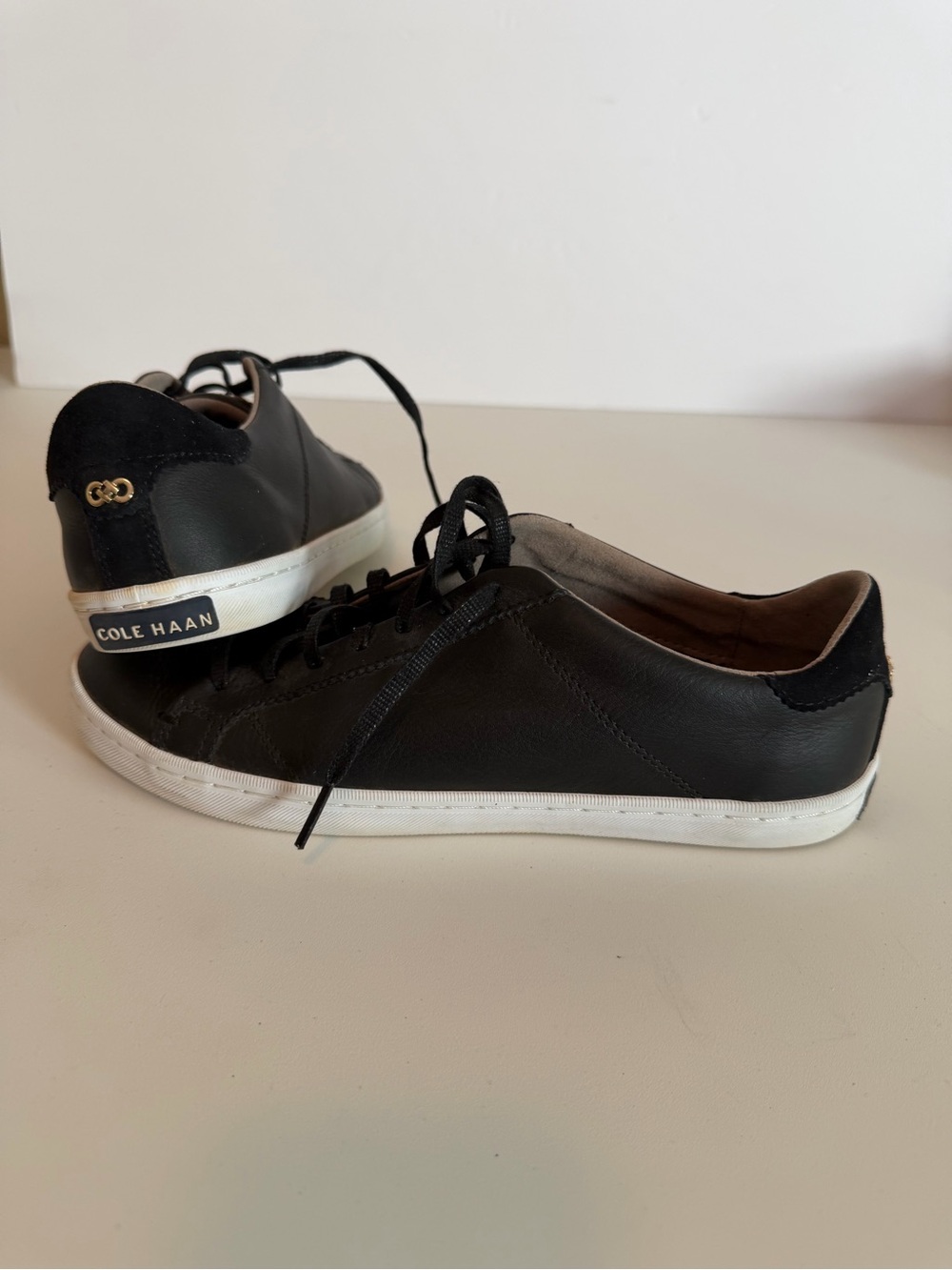 Cole Haan Black Leather Low-Profile Lace-Up Sneakers with White Sole